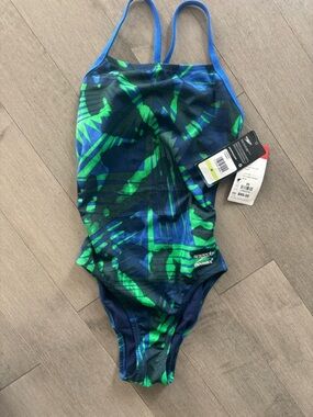 Speedo NWT Tropical Print One Piece Swimsuit Blue Green Size 30
